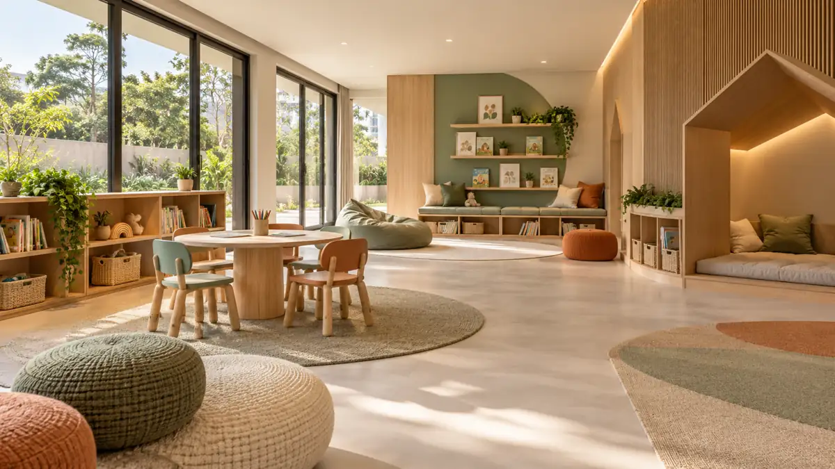 Brinquedoteca conceitual com mesa de atividades, livros e espaço livre