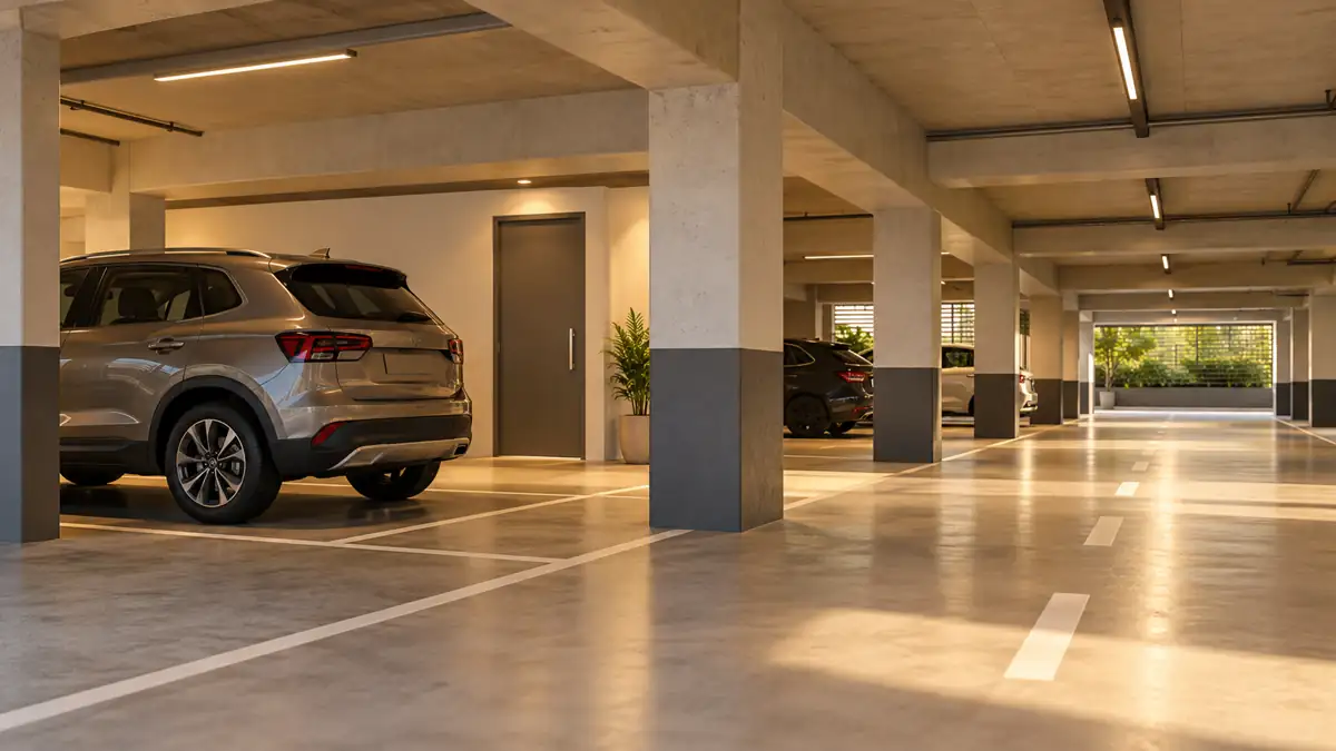 Garagem residencial conceitual com vagas, pilares e circulação