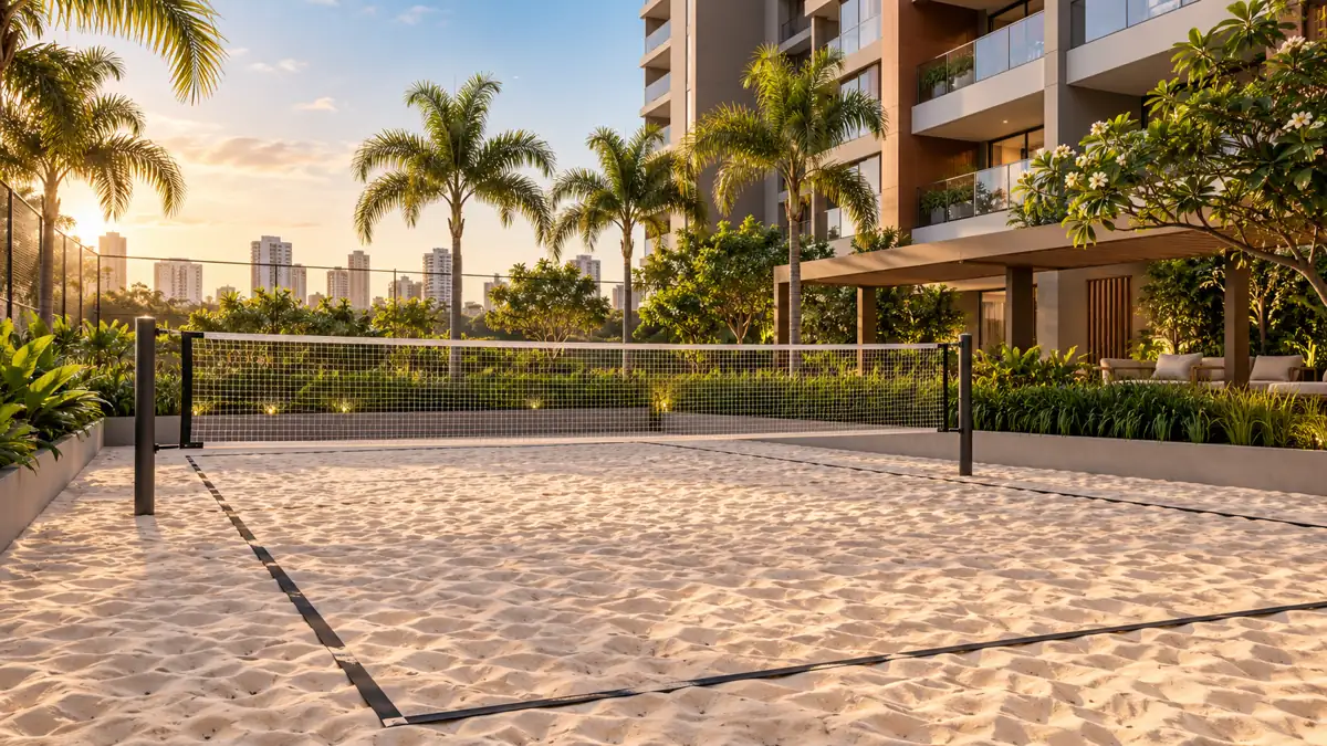 Quadra de areia conceitual em área residencial ajardinada